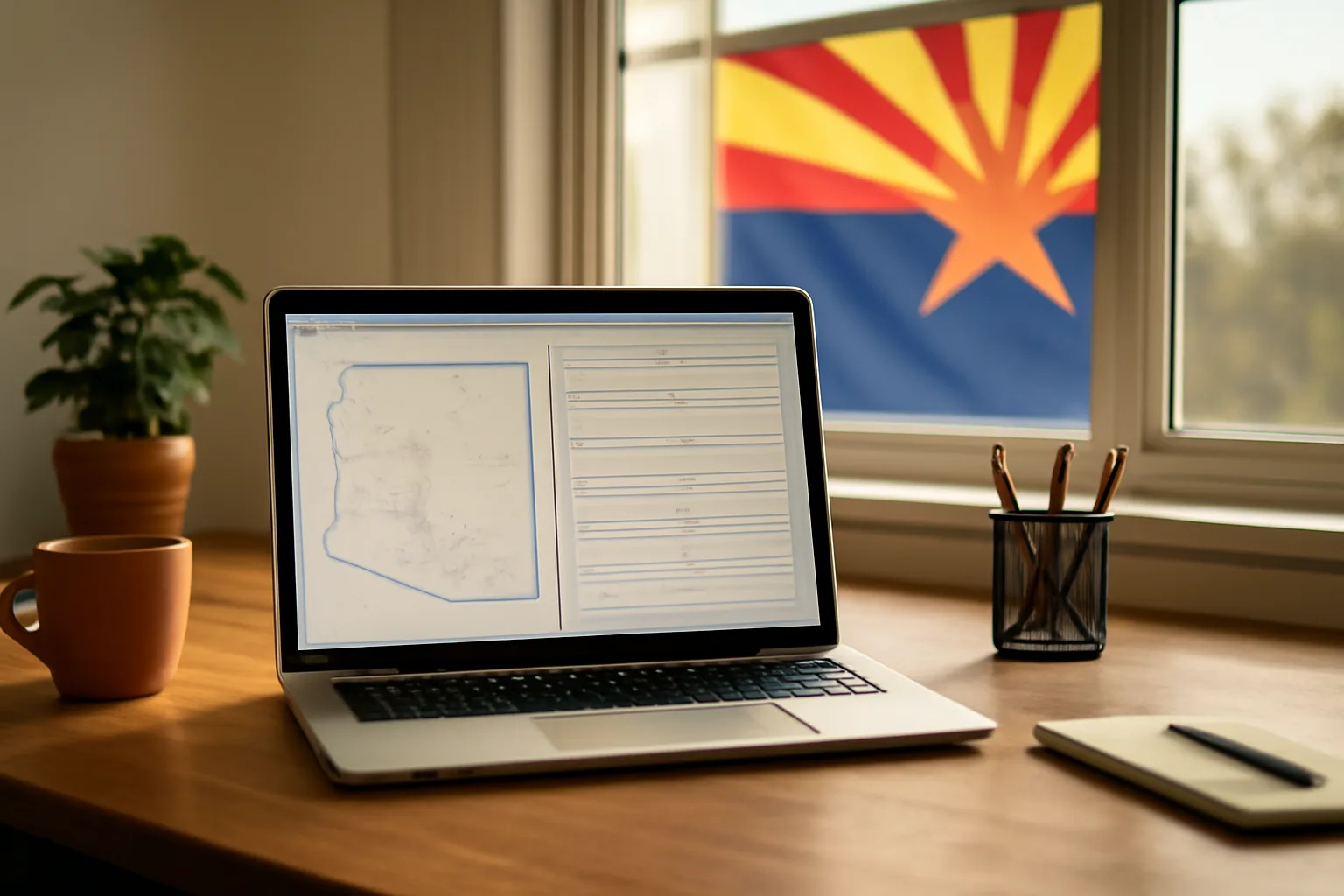 Laptop on a home desk showing an FFL application and Arizona state map.