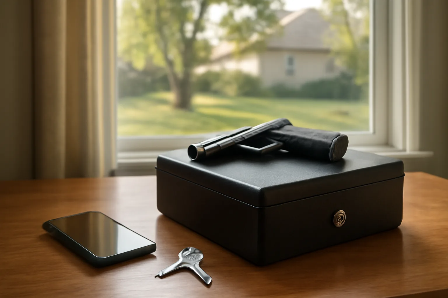Home office with gun safe and desk set up for home-based FFL renewal