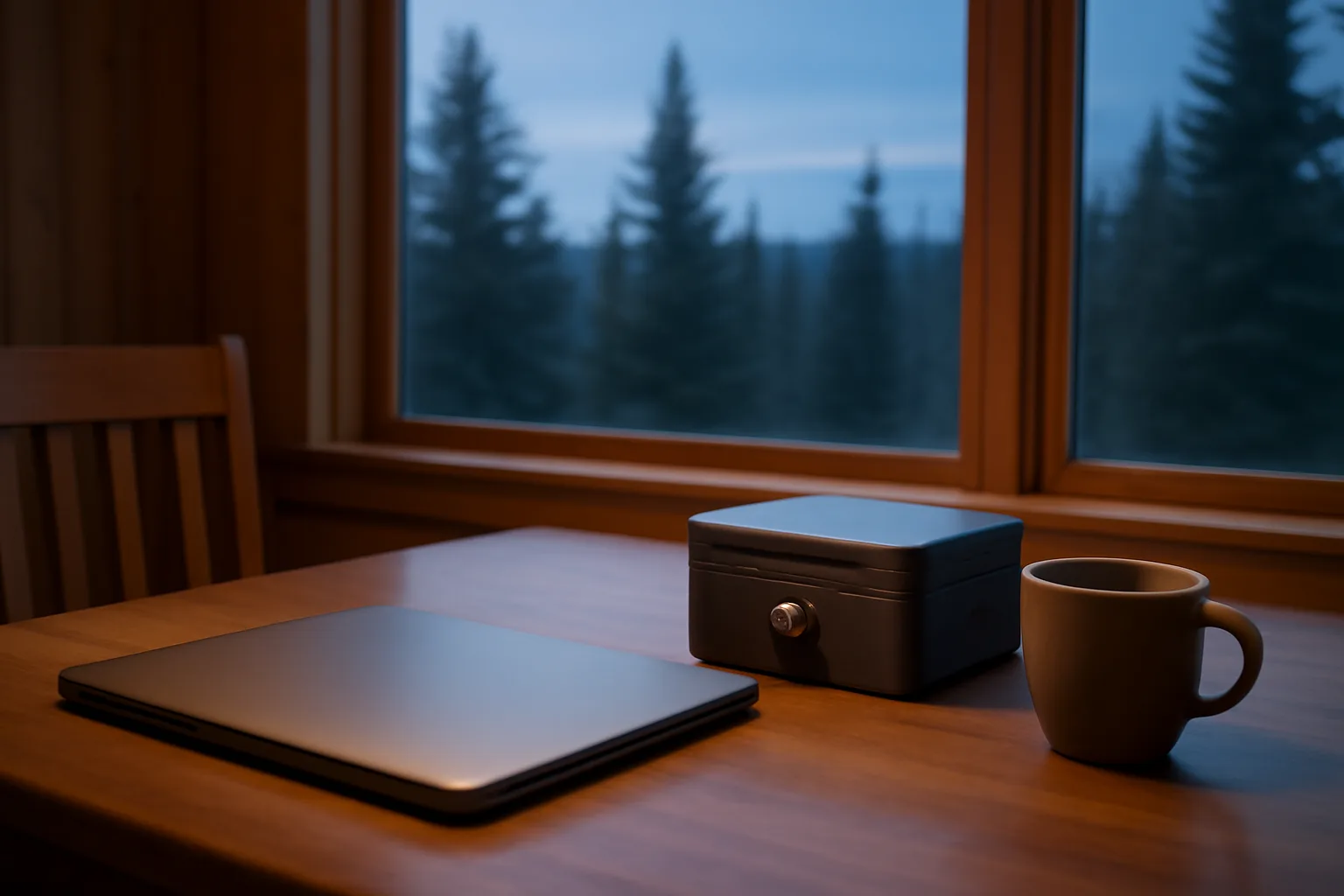 Alaska home kitchen table with laptop, lockbox, and spruce trees outside