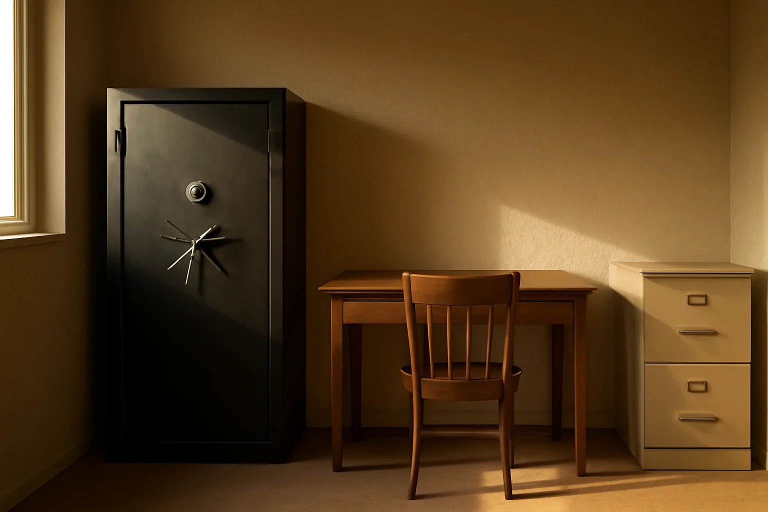 Arizona home office with gun safe and desk in late afternoon light