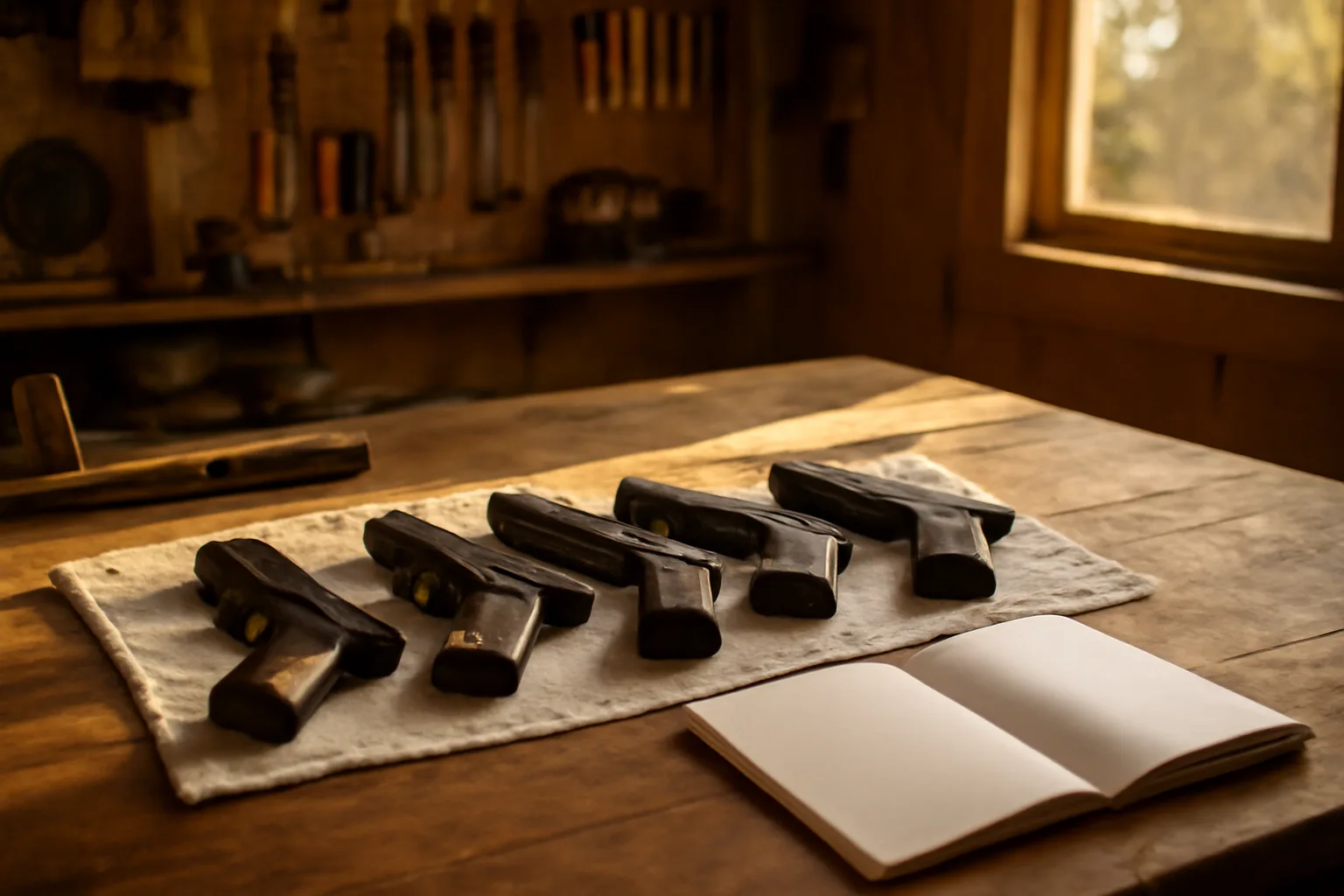 Handguns arranged on a workbench in a home garage with afternoon light