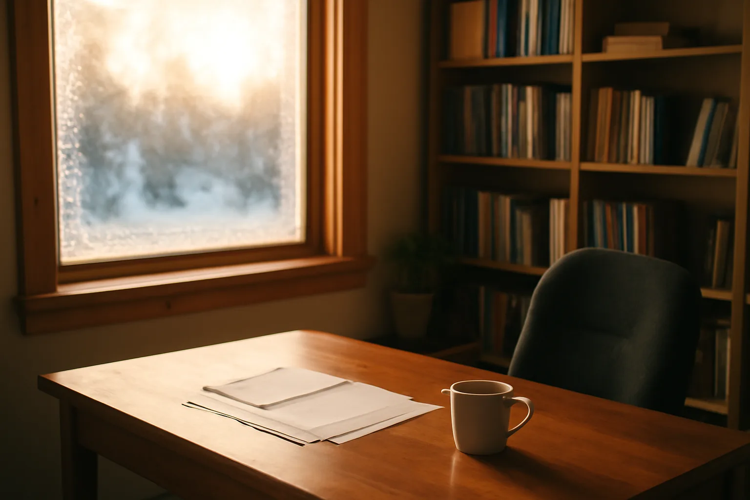 Home office desk with winter light through a frosted Alaska window