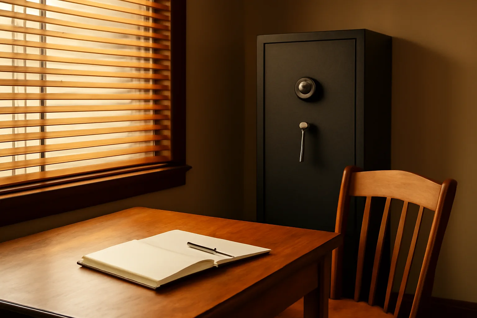 Home office with locked gun safe and open logbook for Alabama FFL dealer