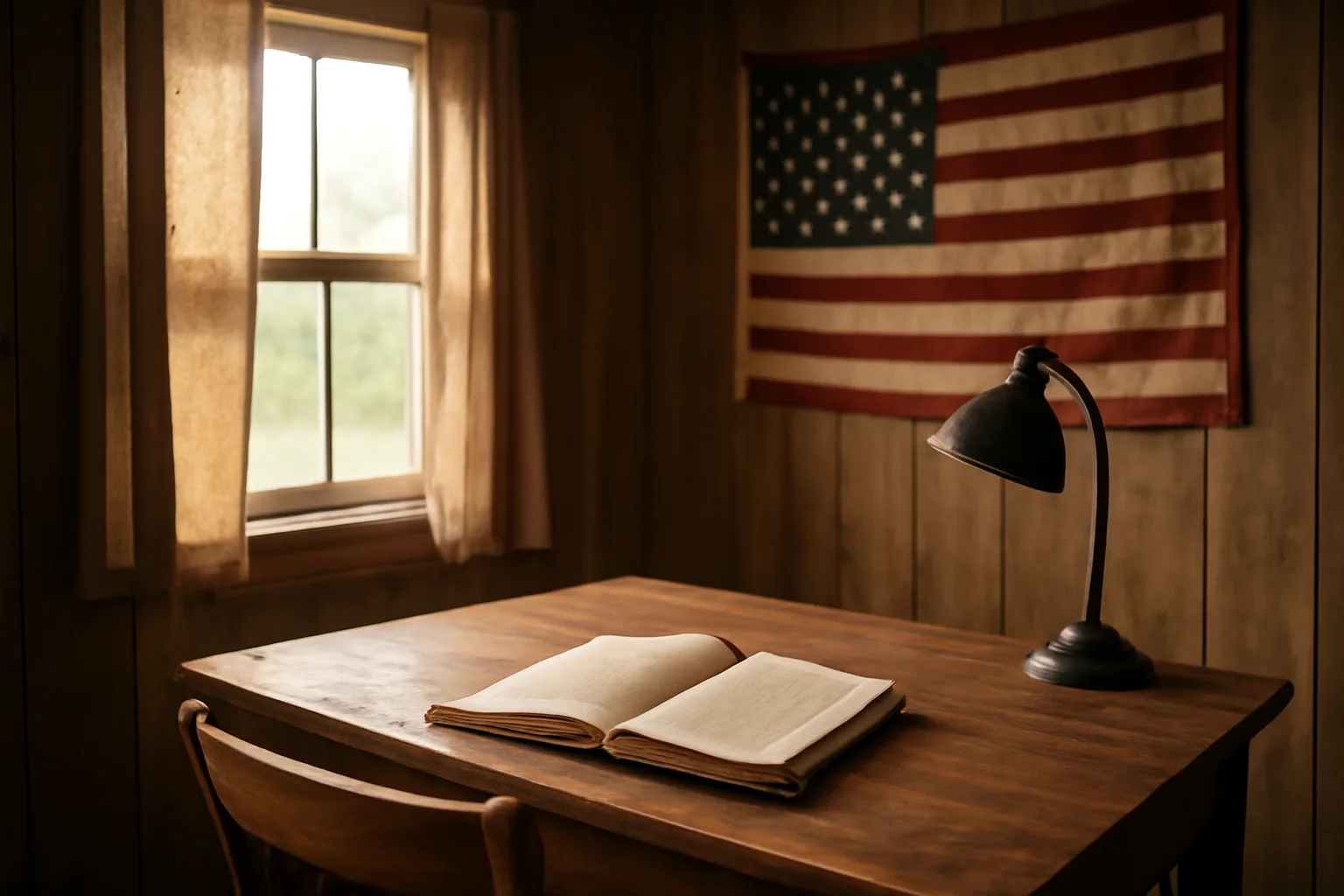 home office with a bound book and flag, suggesting a home-based FFL in Arkansas