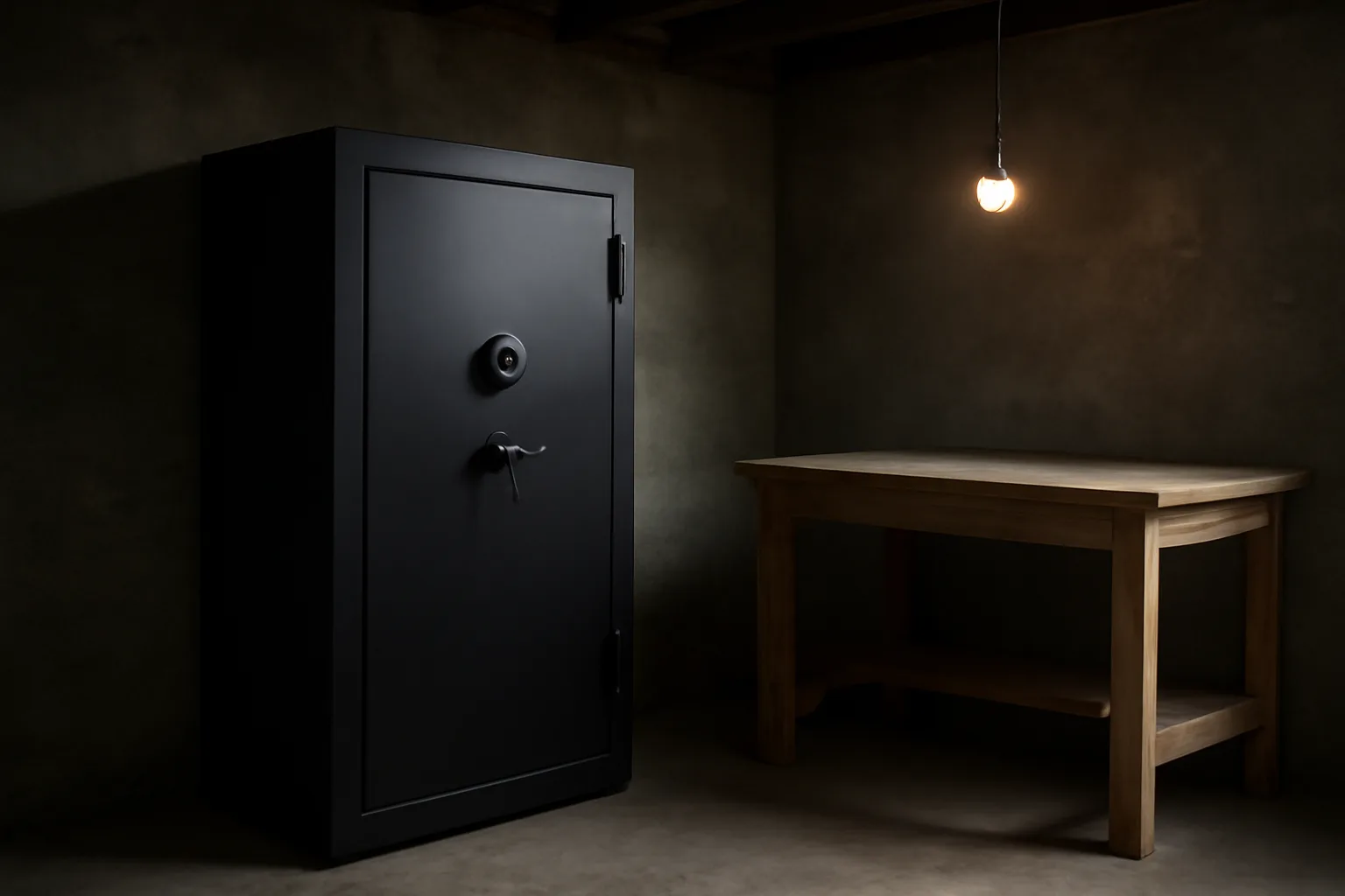 Closed gun safe in a Connecticut home FFL workshop basement