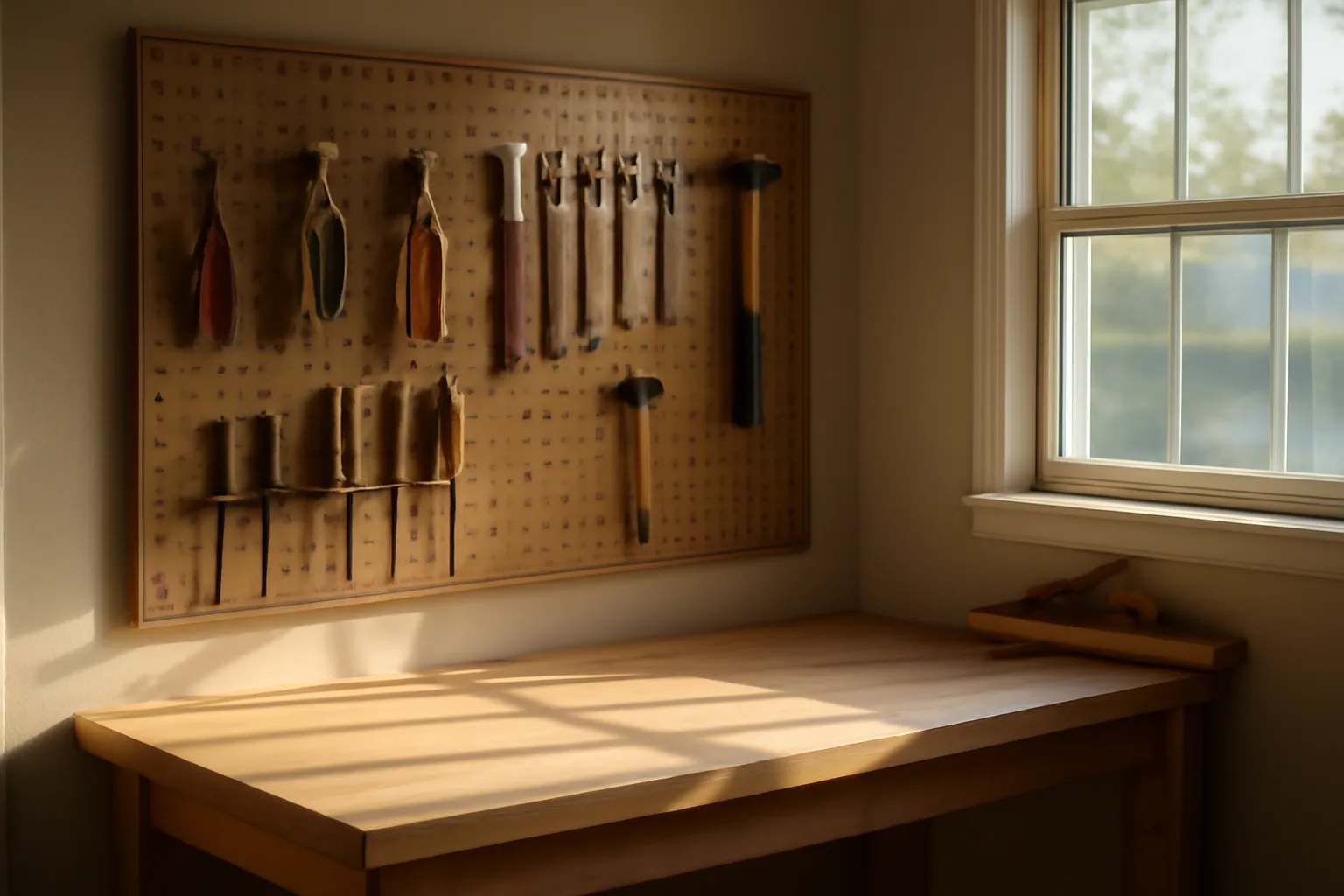 Sunlit home workshop workbench in Alabama with organized tool pegboard