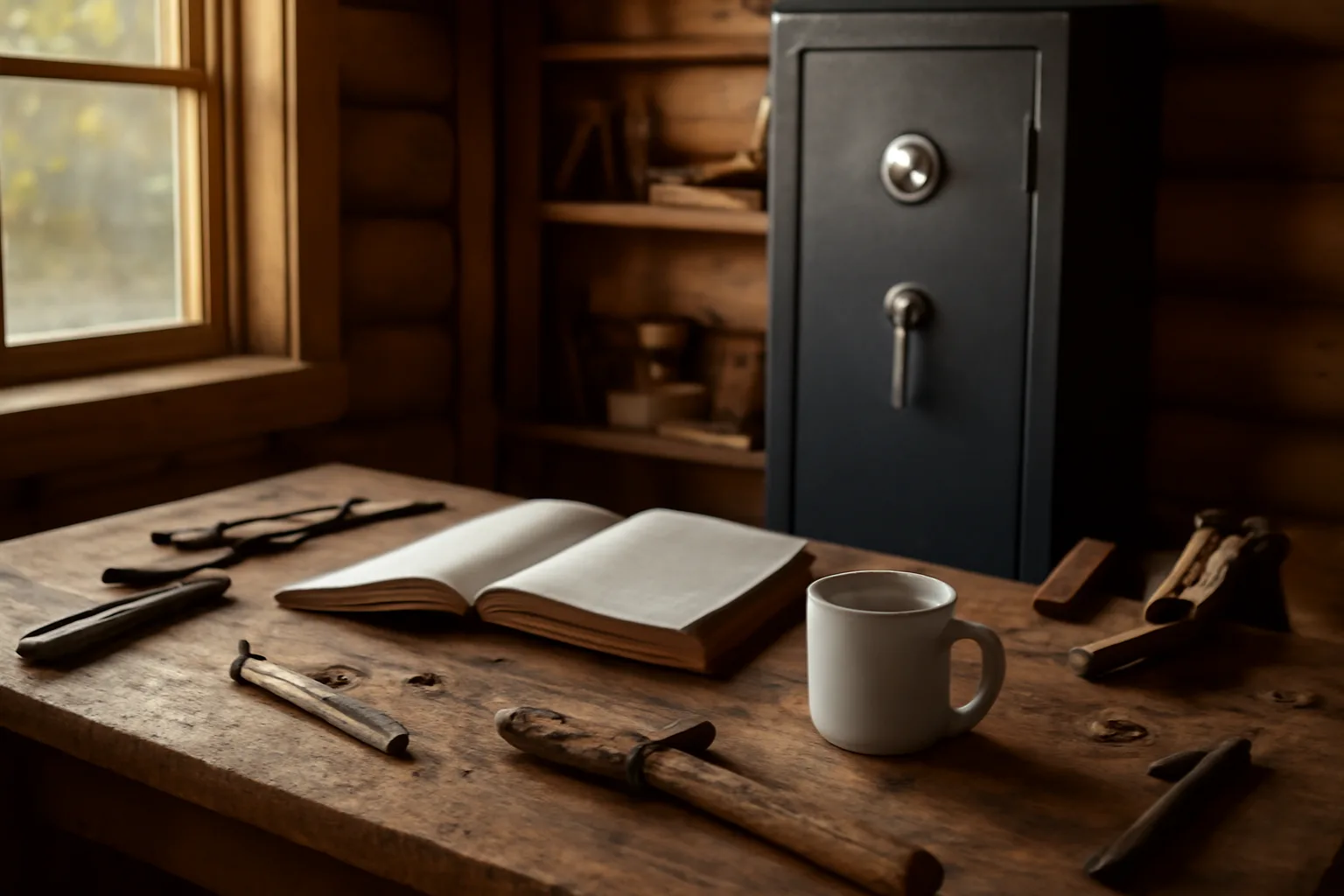 Wooden desk in Alaska home workshop with open ledger book and gun safe in background