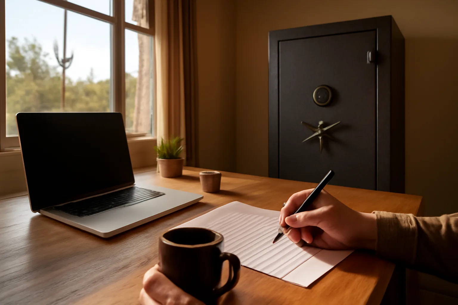 Sunlit home office in Arizona with a laptop, gun safe, and ATF form on the desk