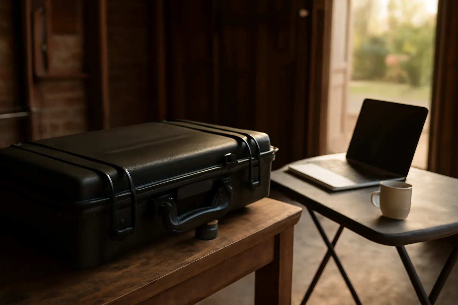 Locked rifle case and worktable in an Arkansas home-based FFL setup
