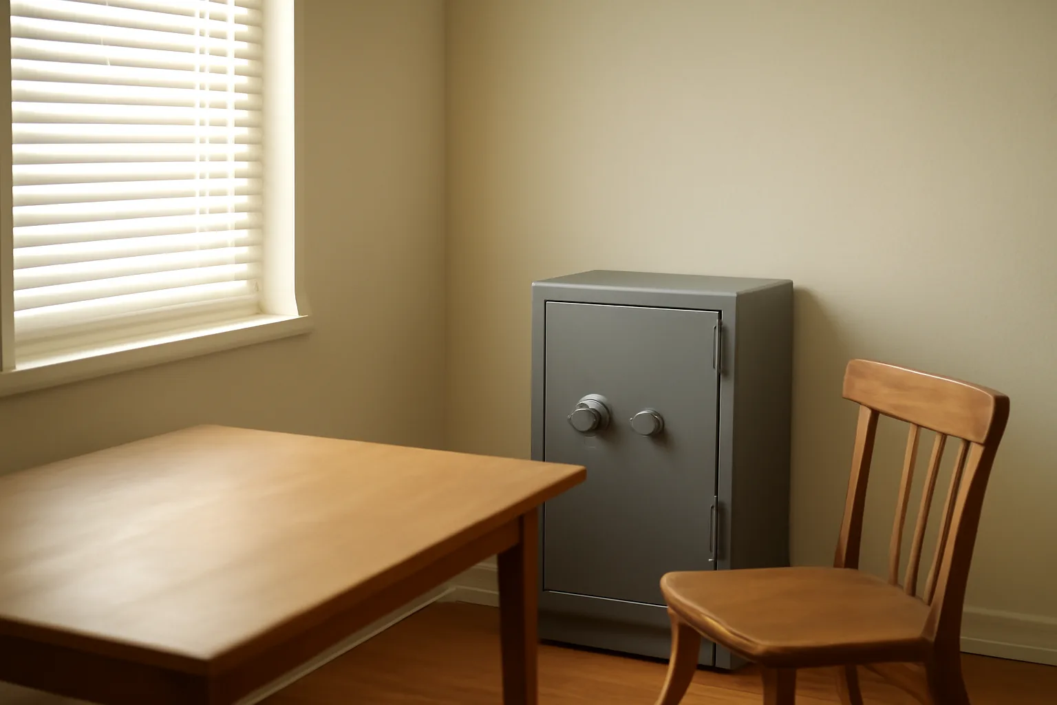 Sunlit spare room with a closed steel safe for a home FFL