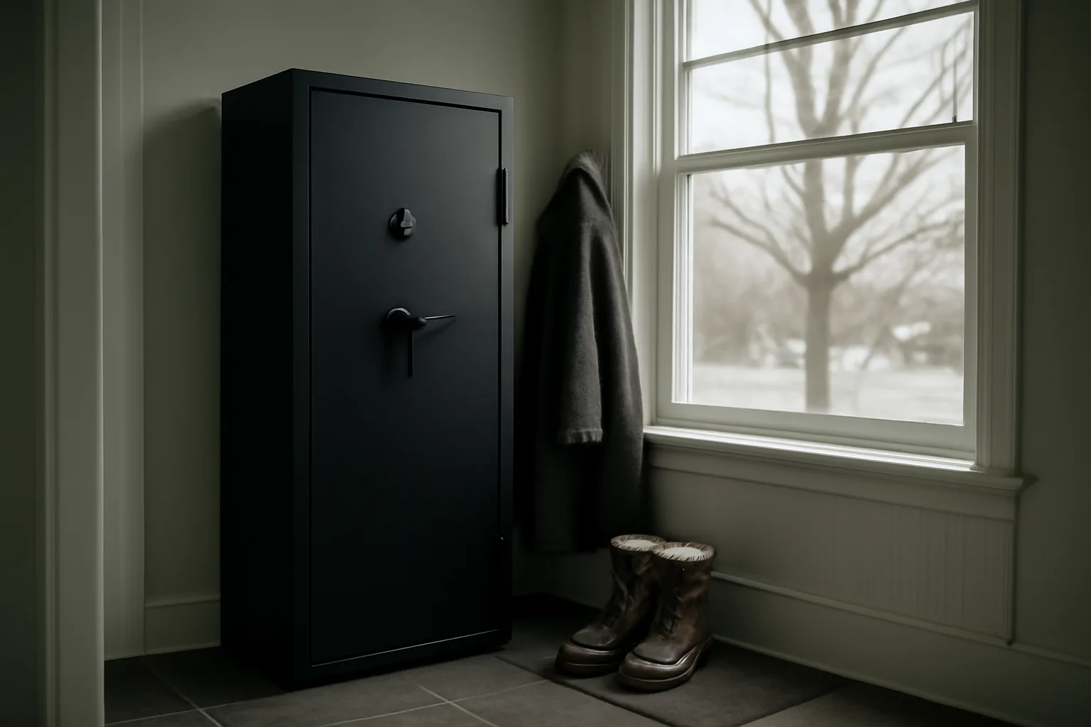 Closed gun safe in a Connecticut home mudroom by a window