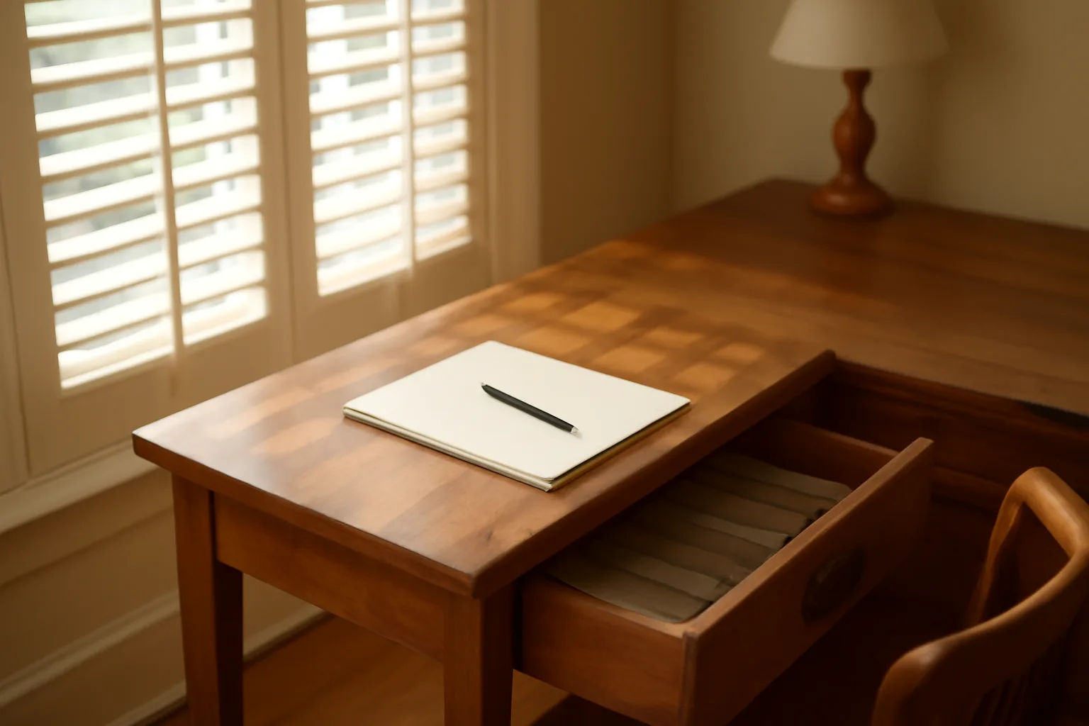 Sunlit home office with wooden desk and filing cabinet for home-based FFL paperwork