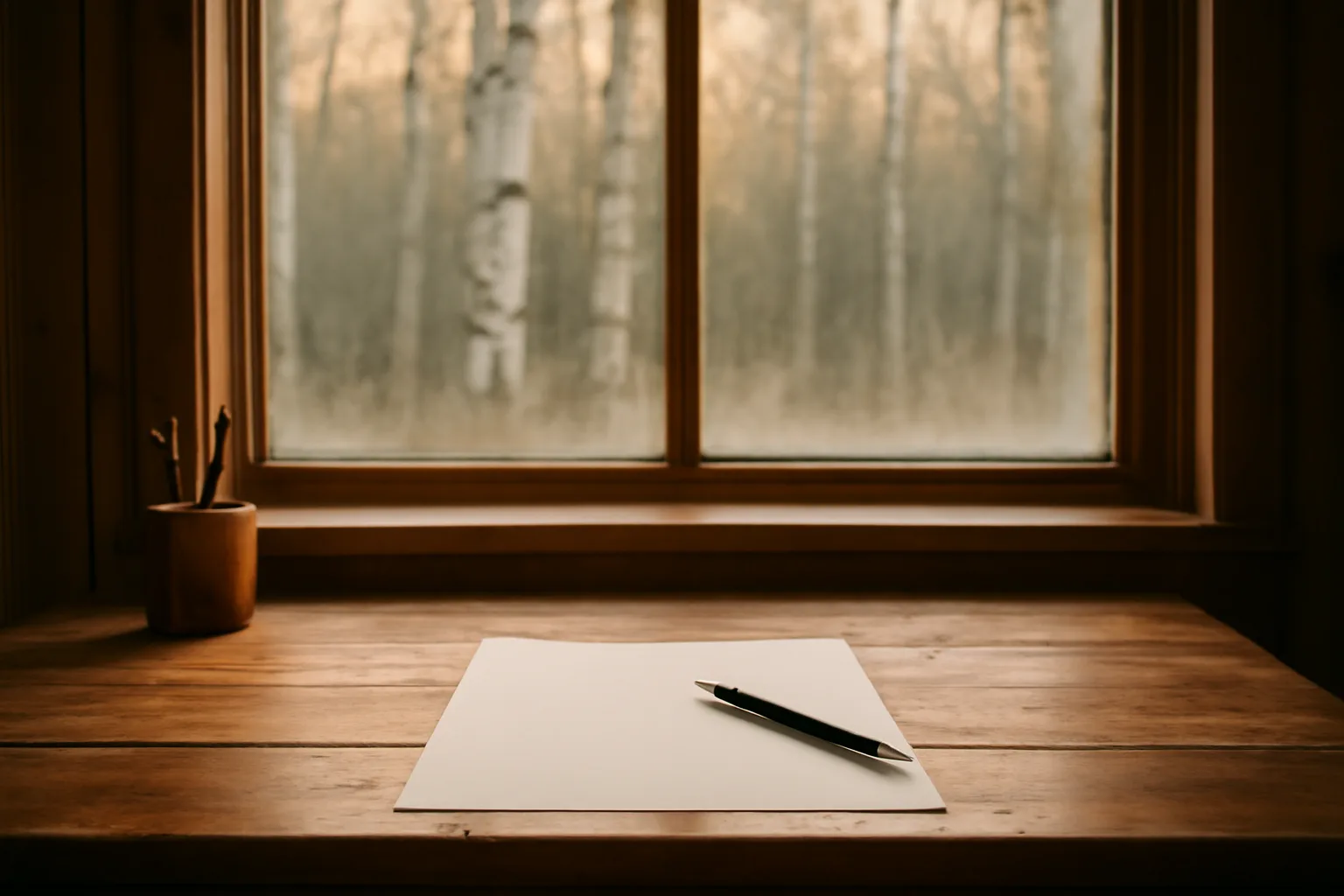 Home office desk in rural Alaska with blank paper form and pen