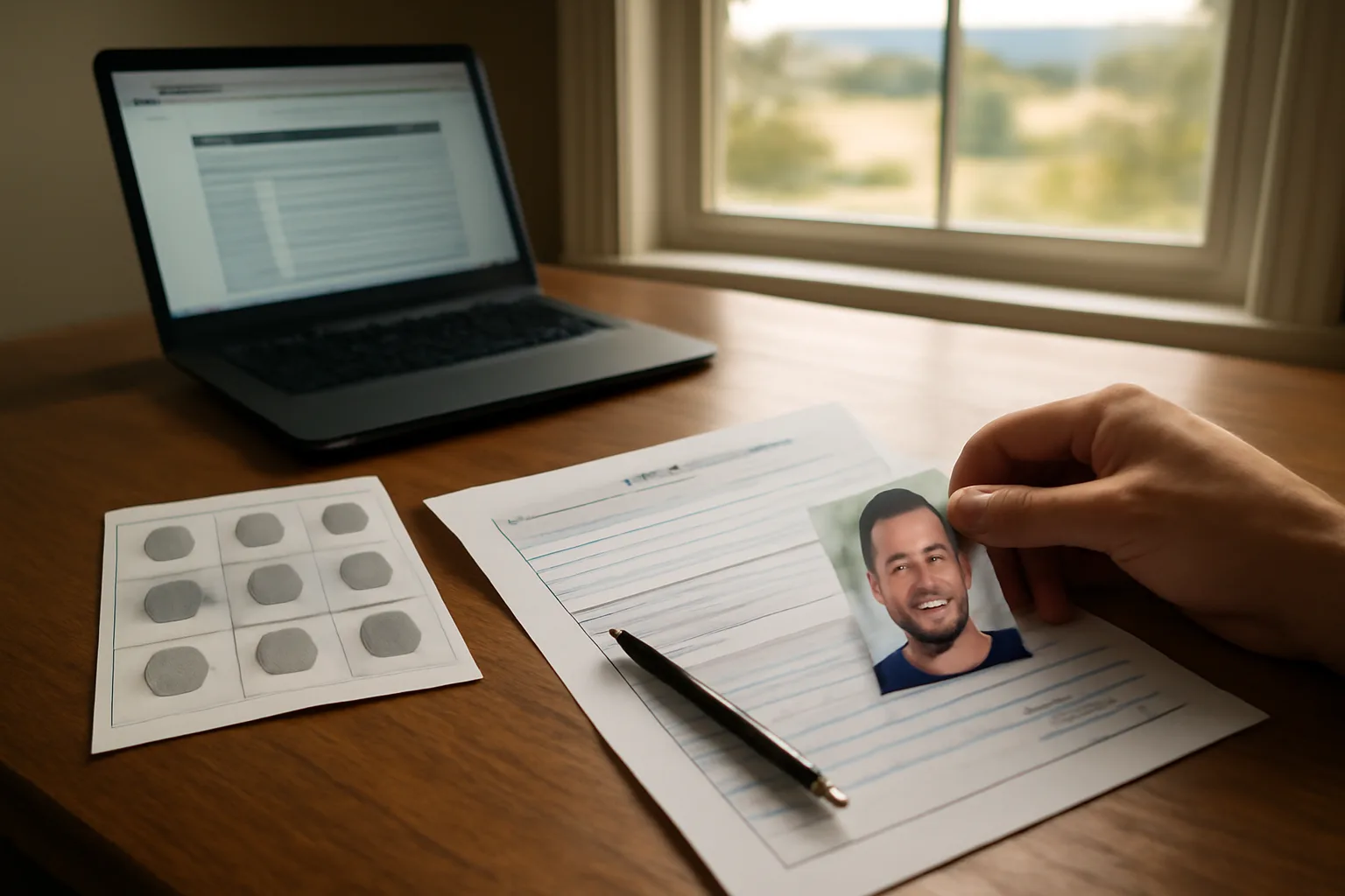 Home office desk with ATF Form 7 and fingerprint card for Arkansas FFL application