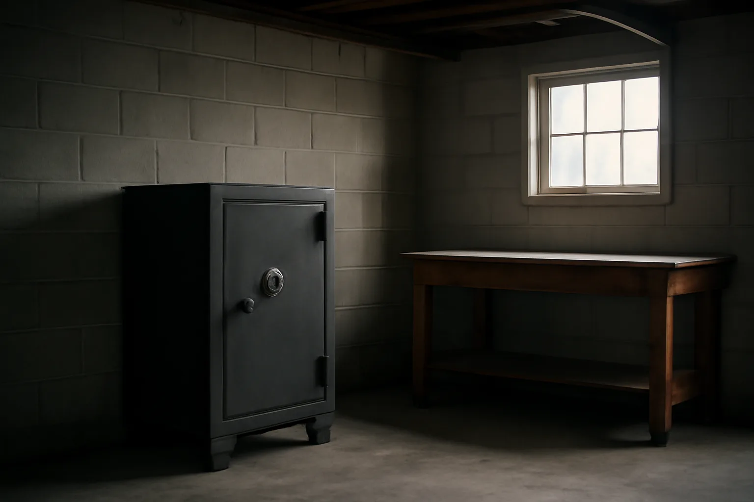 Closed steel safe in a Connecticut home garage for FFL storage